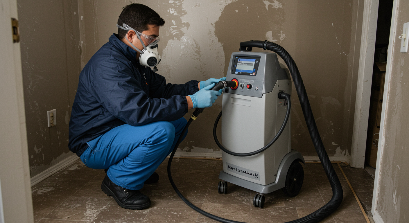 A restoration technician using specialized equipment to dry out a water-damaged area in a home, with a focus on the technology used in the restoration process.