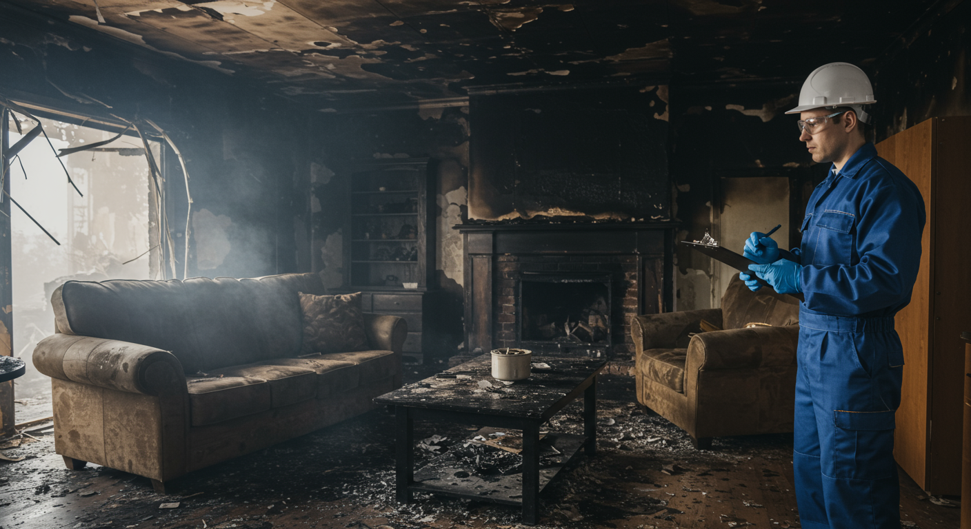 A fire-damaged living room with charred furniture and smoke stains, juxtaposed with a restoration professional assessing the damage.