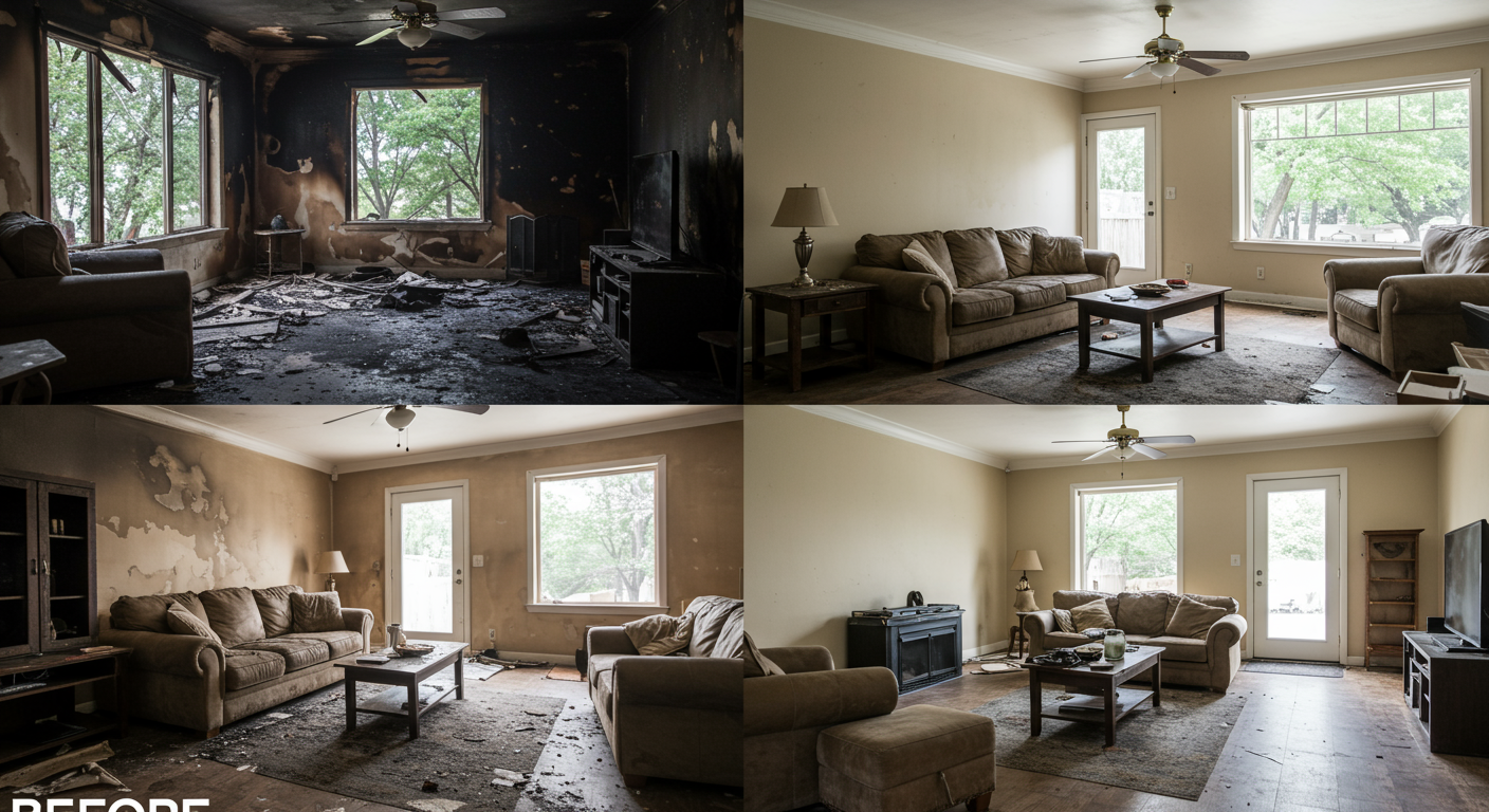 A before-and-after image showing a living room that has been restored after fire damage, highlighting the effectiveness of professional cleaning services.