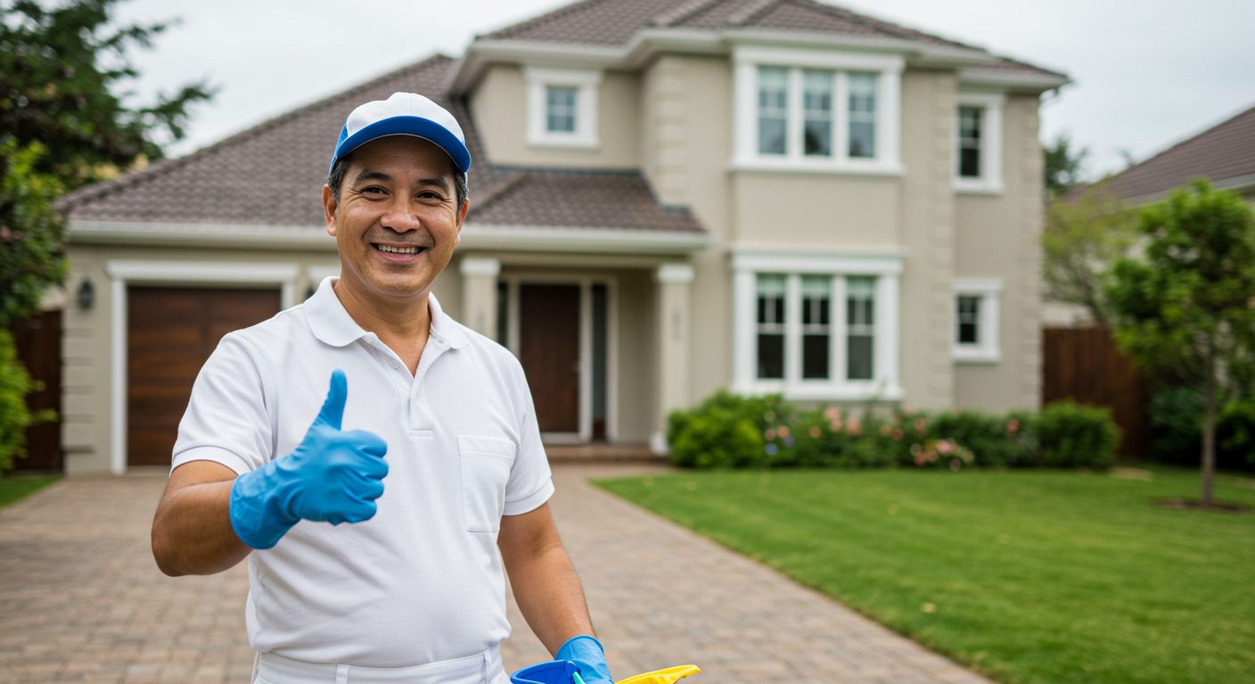 A professional cleaner giving a thumbs-up in front of a freshly cleaned property, symbolizing satisfaction and successful service.