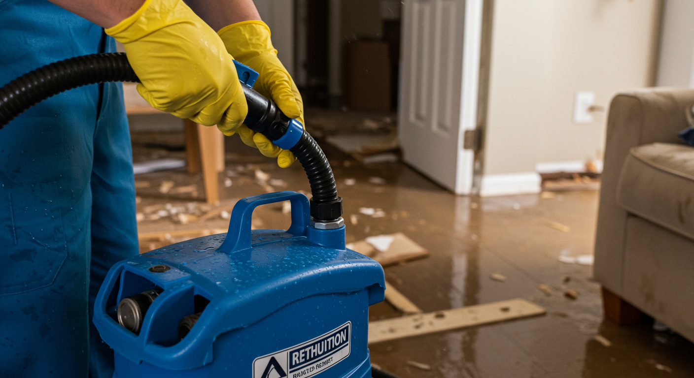 A close-up image of a technician using advanced equipment to extract water from a flooded area. The background shows damaged furniture and waterlogged flooring, emphasizing the urgency of the restoration process.