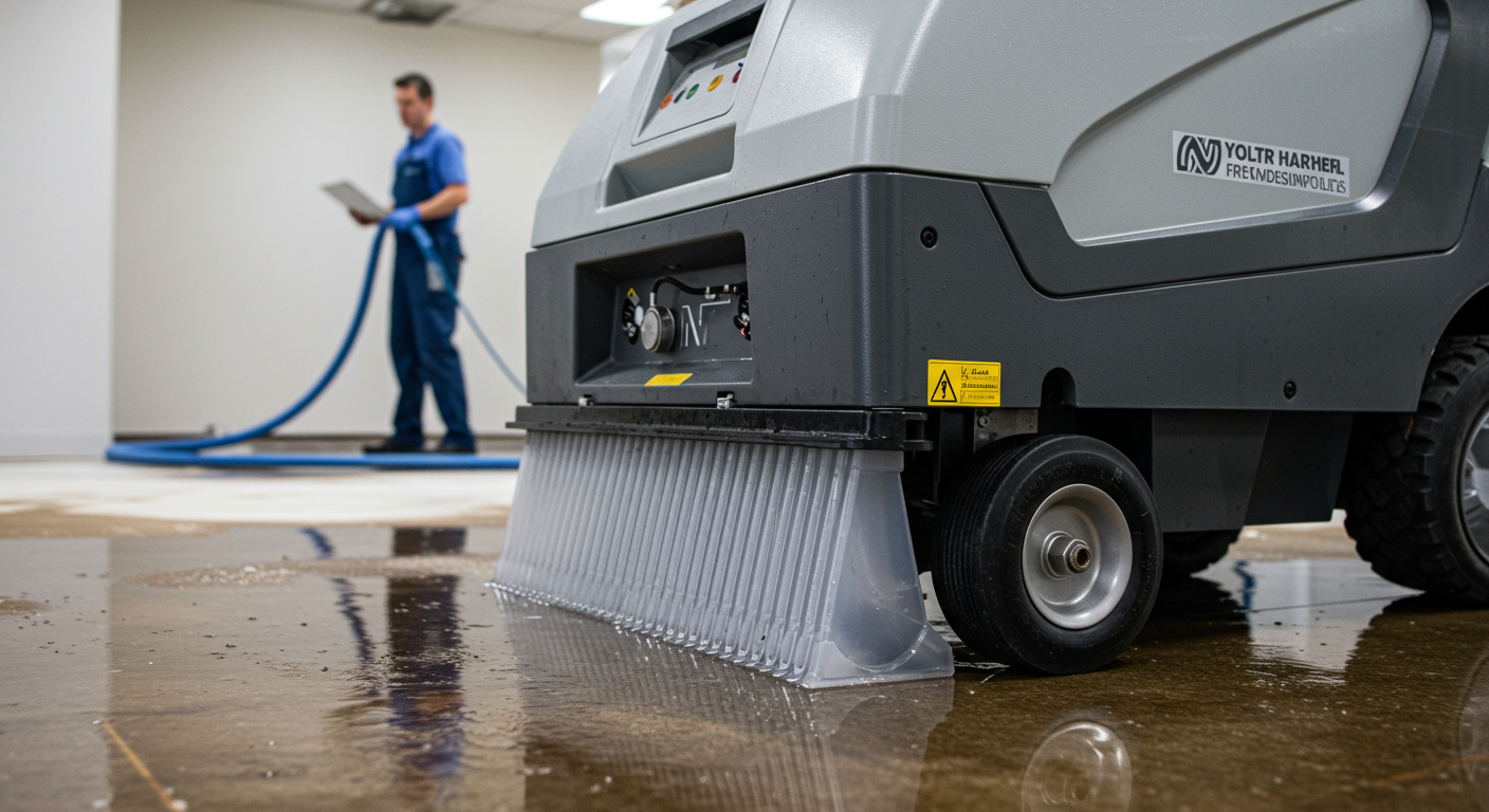Close-up of state-of-the-art water extraction and drying equipment in use. The image focuses on the machinery and its effectiveness, with a partially dried floor and a technician monitoring the process in the background.