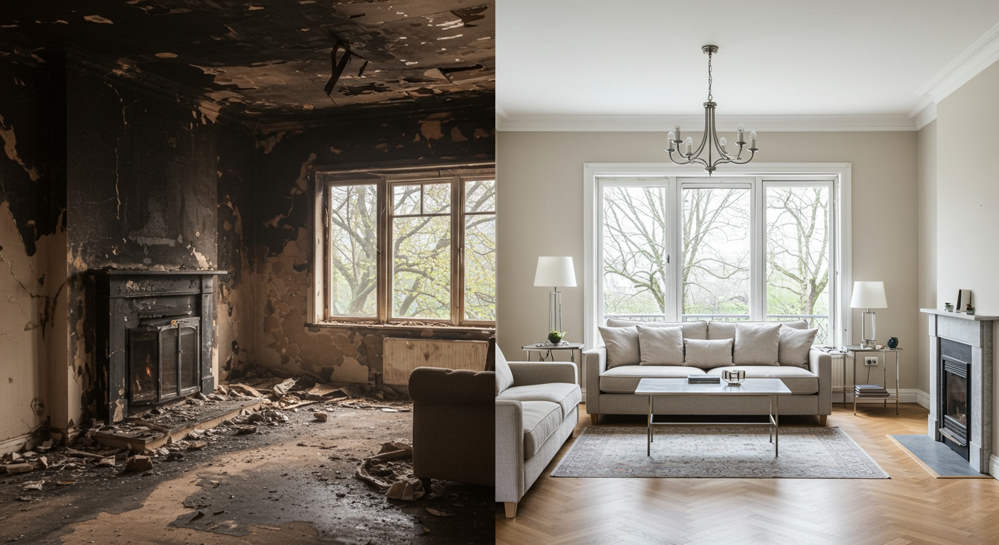 A split-screen image showcasing a fire-damaged living room on one side (with soot, debris, and smoke stains) and the same room fully restored on the other side (clean, bright, and welcoming).