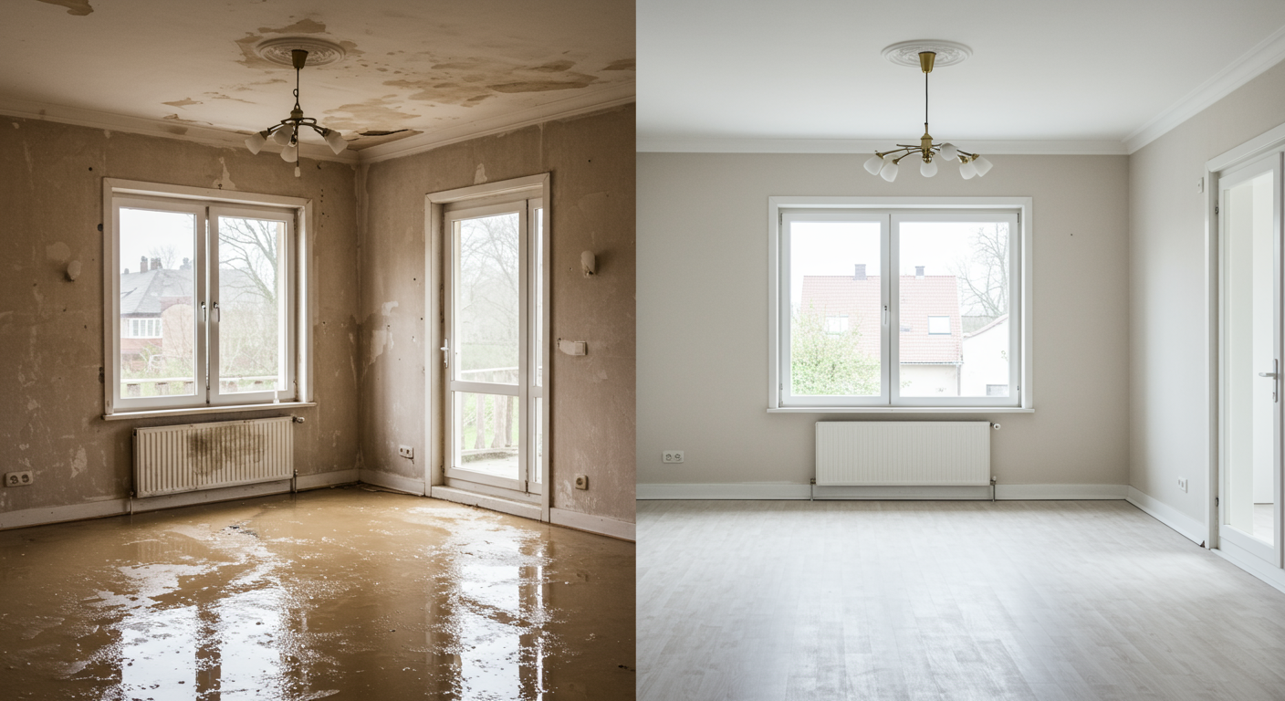 A split image showing a room before and after water damage restoration. The 'before' side depicts a flooded, damaged room, while the 'after' side shows a clean, fully restored space. This visually highlights the effectiveness of professional water extraction services.