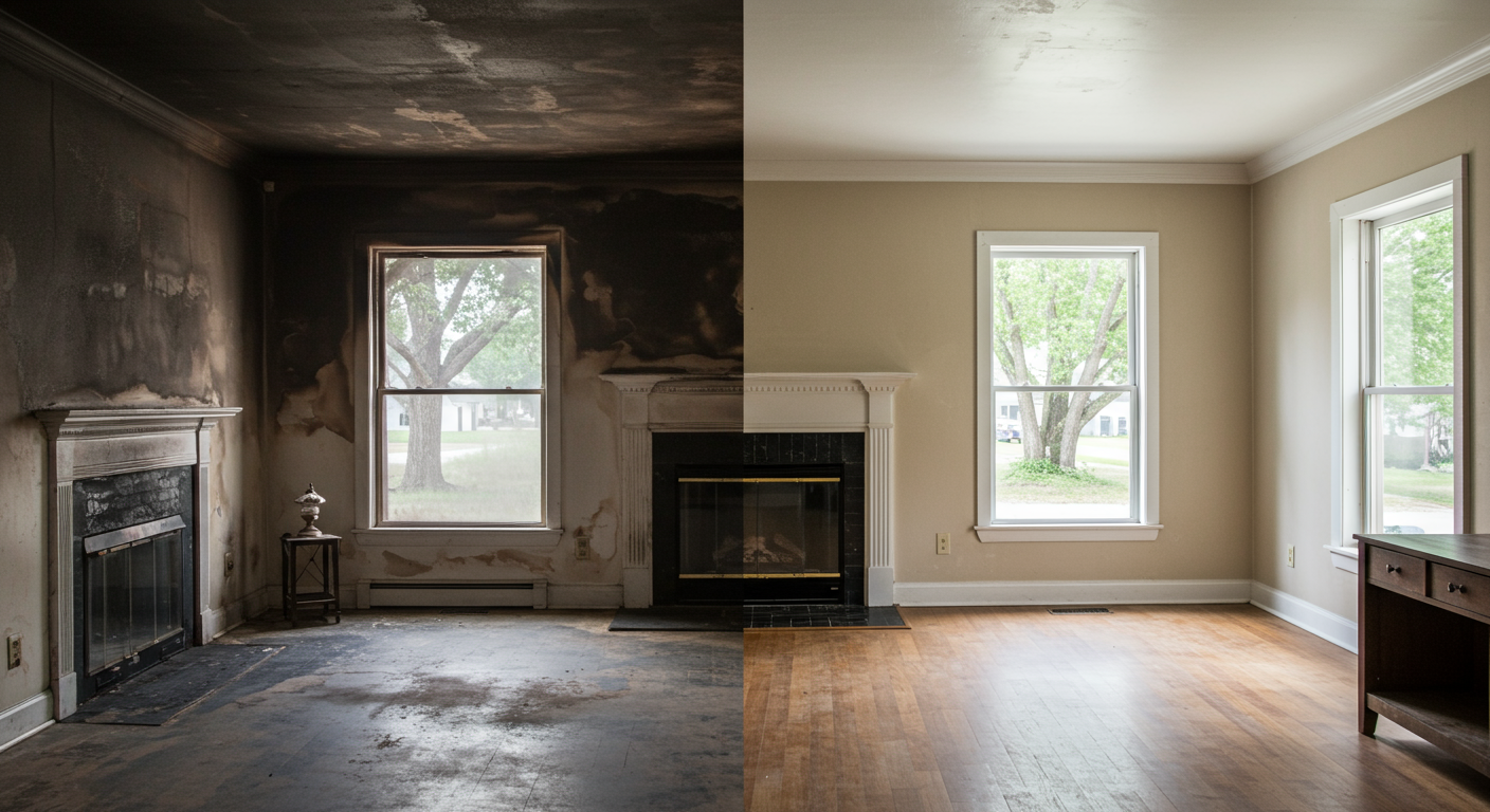 A split image showing a living room in Georgetown, KY, before and after fire damage restoration. The 'before' side features soot-covered walls and charred furniture, while the 'after' side showcases a fully restored, clean, and cozy interior.