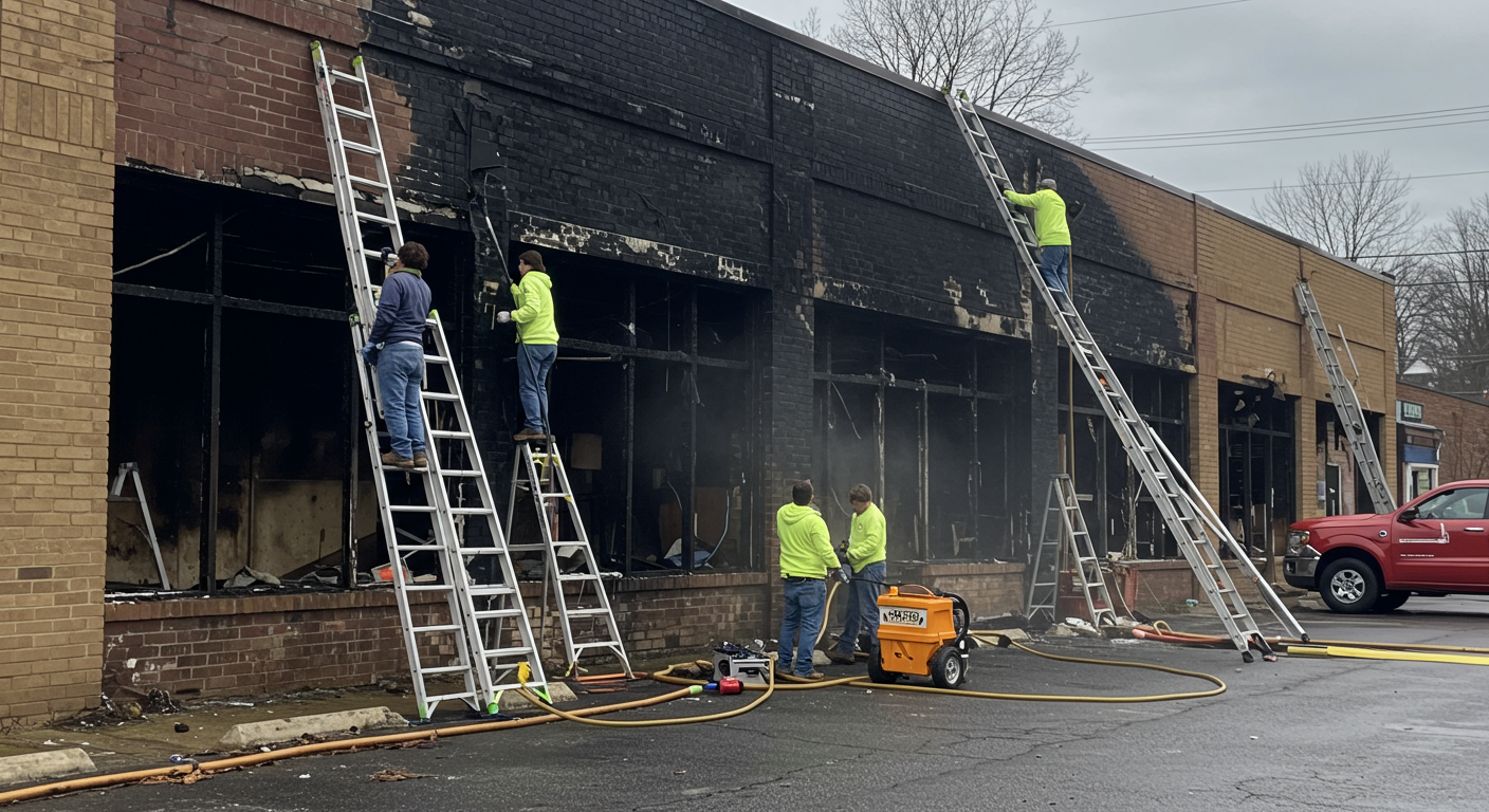 A wide shot of a fire-damaged commercial building in Richmond, KY, with a cleanup team actively working. The team is using ladders, pressure washers, and other tools to restore the building.