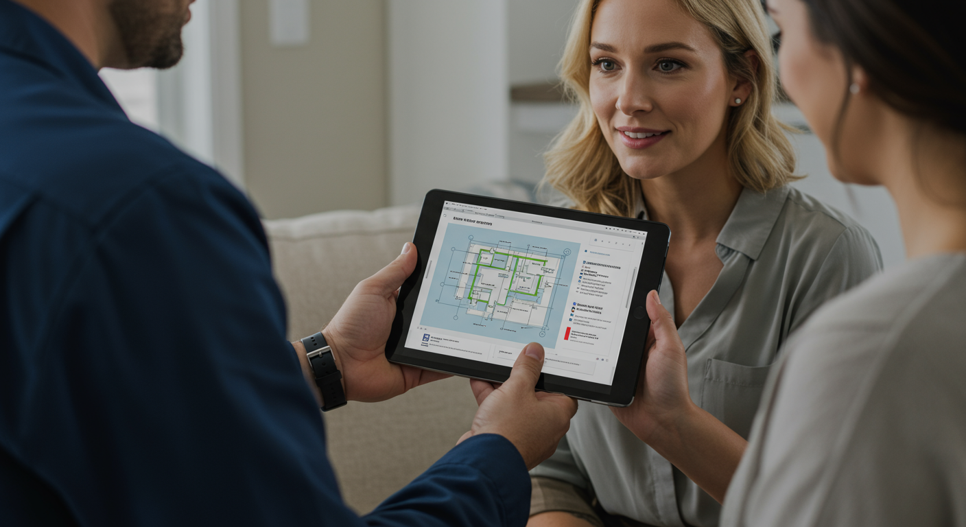 A restoration expert discussing water damage solutions with a homeowner. The expert is holding a tablet showing a detailed restoration plan, and the homeowner looks reassured. The setting is a clean, modern home.