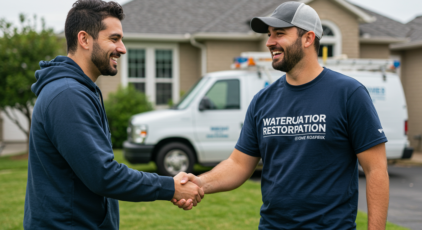 A happy homeowner shaking hands with a water restoration professional outside a restored home. The background shows a clean and dry exterior with a company van parked nearby, emphasizing trust and satisfaction.