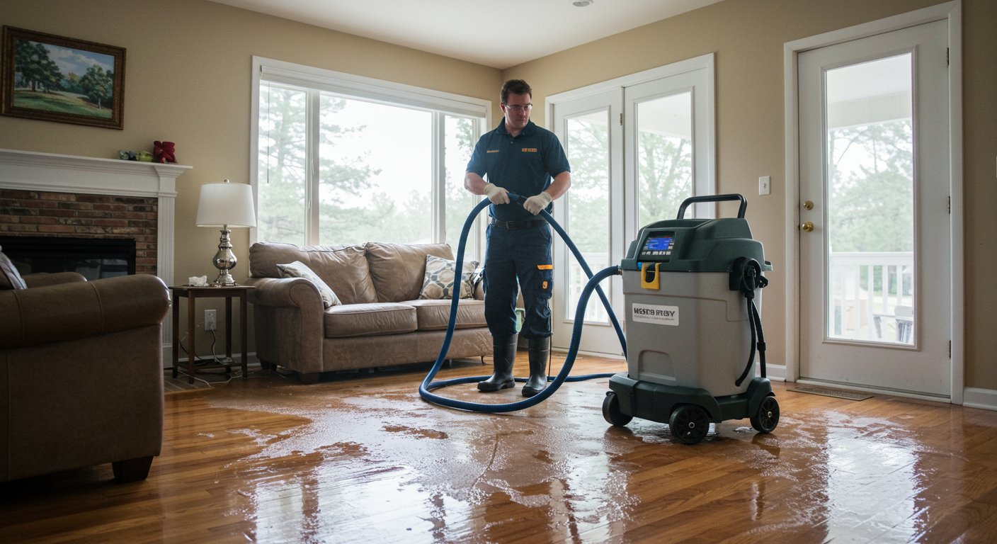 A professional water damage technician using a high-powered water extraction machine in a flooded residential living room.