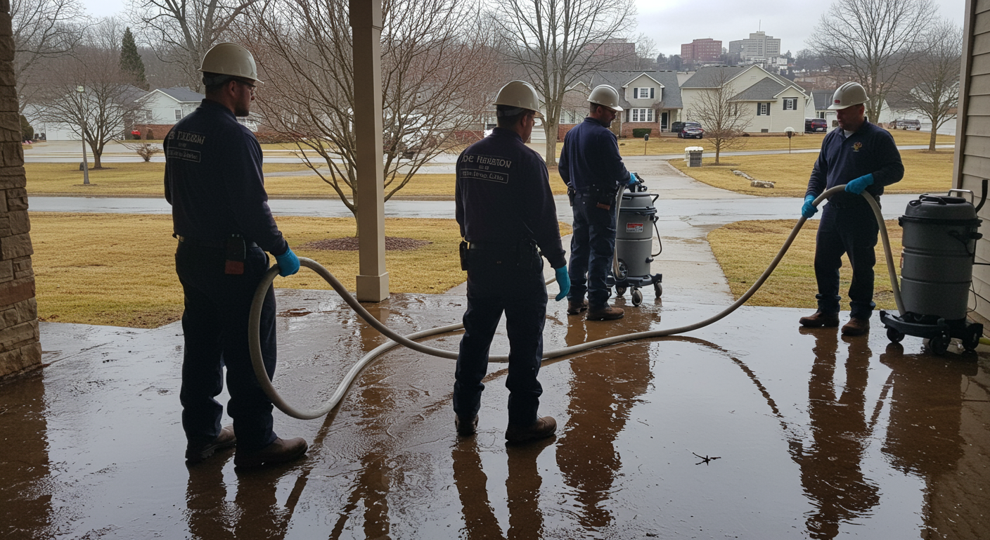 A team of certified water restoration professionals in uniforms working on a flooded residential property. They are using industrial-grade water extraction equipment with visible water damage on the floor. The setting is a typical suburban home in Nicholasville, KY, with the cityscape faintly visible in the background.