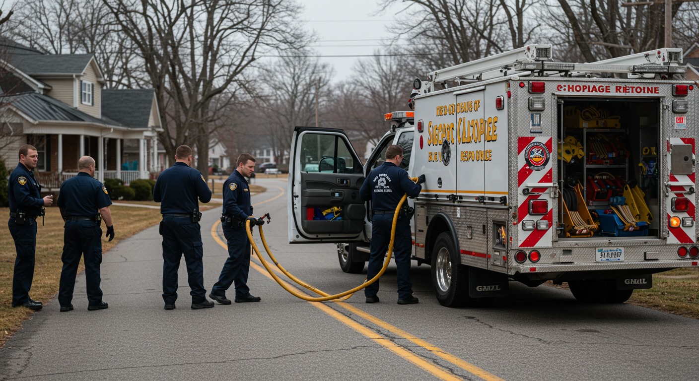 A fire damage response team arriving at a property in Nicholasville, KY, with their branded truck and equipment. The image captures the urgency and professionalism of the cleanup process.