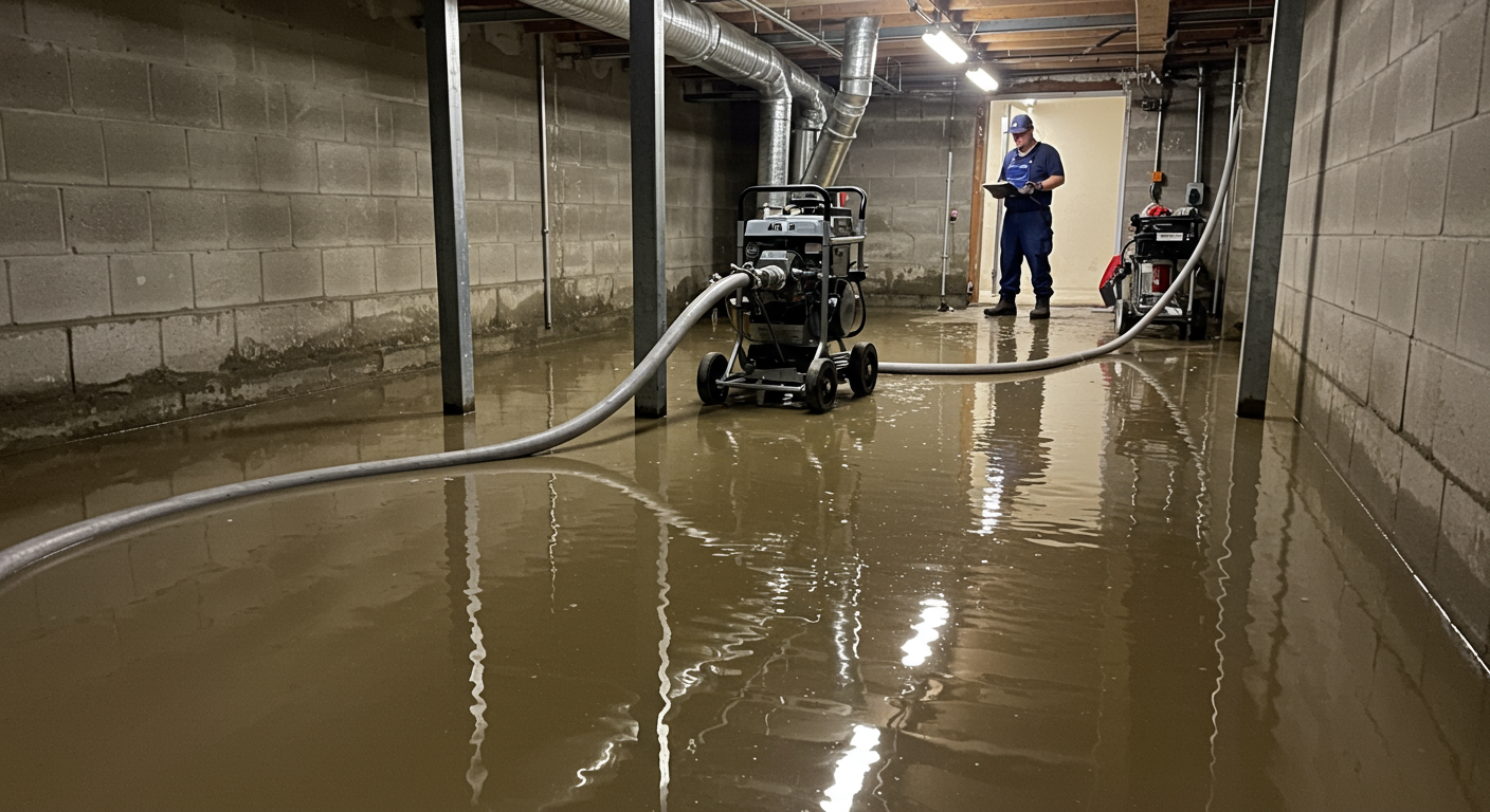A flooded basement with standing water being pumped out by professional-grade equipment. The technician is seen in the background, monitoring the process.