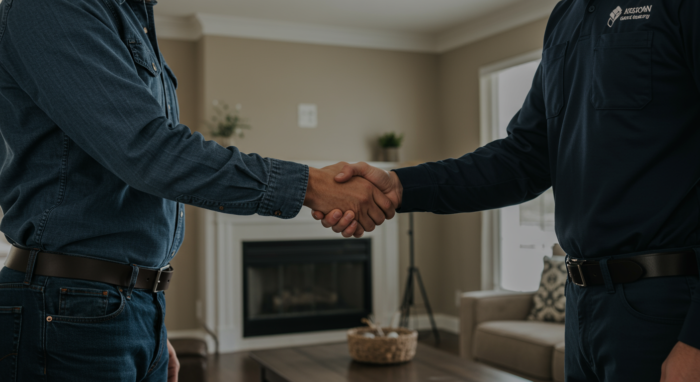 A satisfied homeowner in Georgetown, KY, shaking hands with a restoration technician after completing a restoration project.