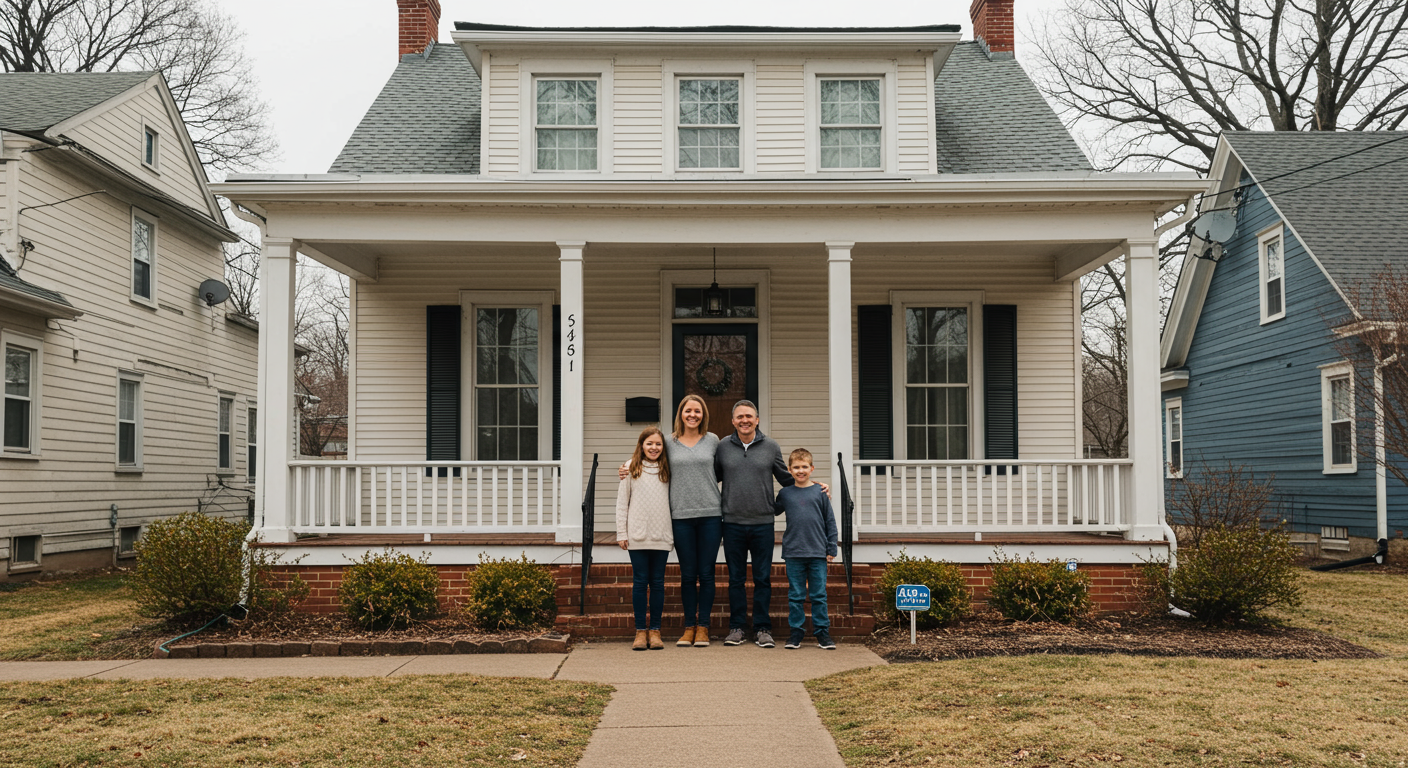 A smiling family standing in front of their fully restored home in Lexington-Fayette, KY. The house looks clean and welcoming, with a subtle 'after restoration' vibe.