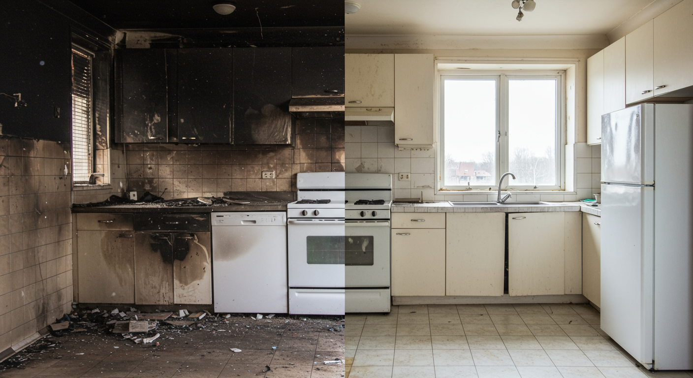 A 'before and after' image of a fire-damaged kitchen. One side shows heavy soot and debris, while the other side is fully restored and clean, showcasing the transformation.