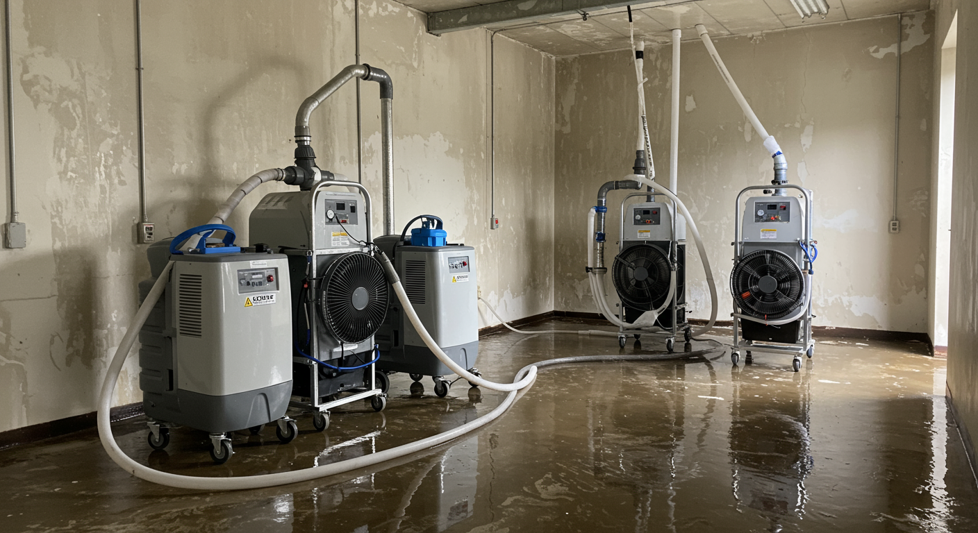 A set of industrial-grade dehumidifiers and air movers in a water-damaged commercial space. The equipment is actively drying the area, with visible moisture on the floor and walls.