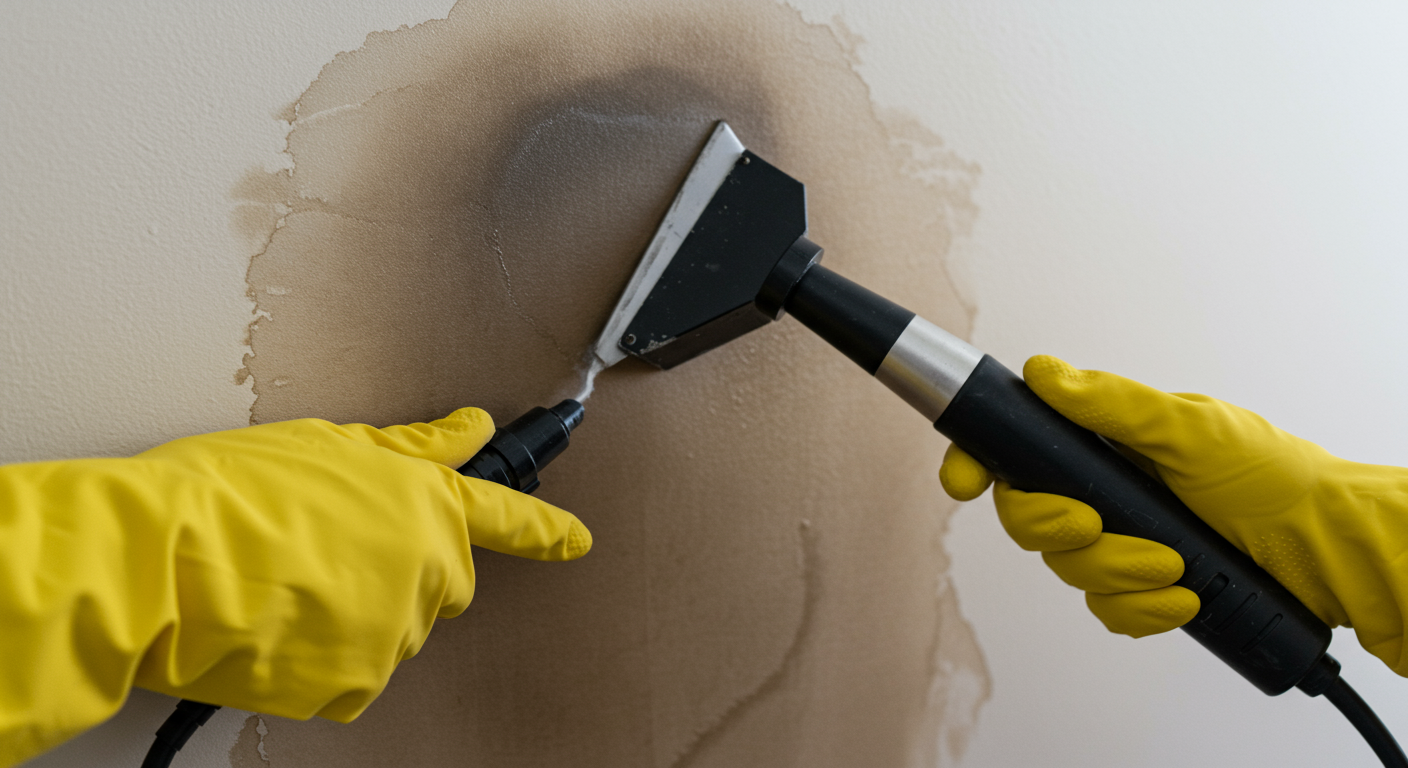 A close-up of a professional using a specialized tool to remove smoke stains from a wall. The wall shows a clear difference between the cleaned and uncleaned areas.
