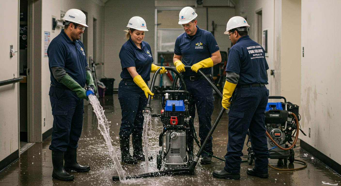 A team of water cleanup professionals working together in a commercial space, removing water and debris. The image highlights teamwork, professionalism, and efficiency, with visible tools like water pumps and vacuums.