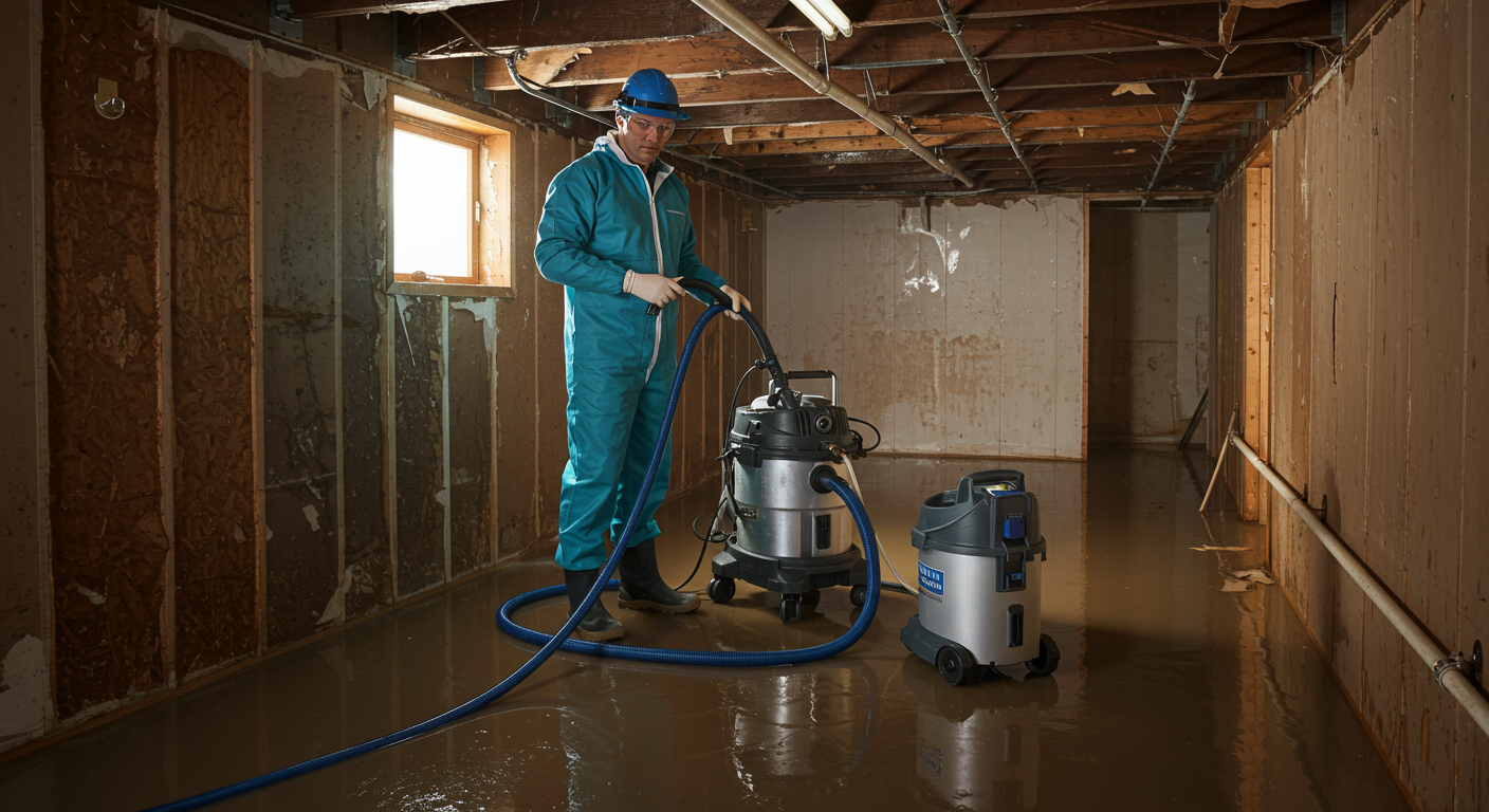 A professional restoration technician in a flooded basement, using specialized equipment to extract water.