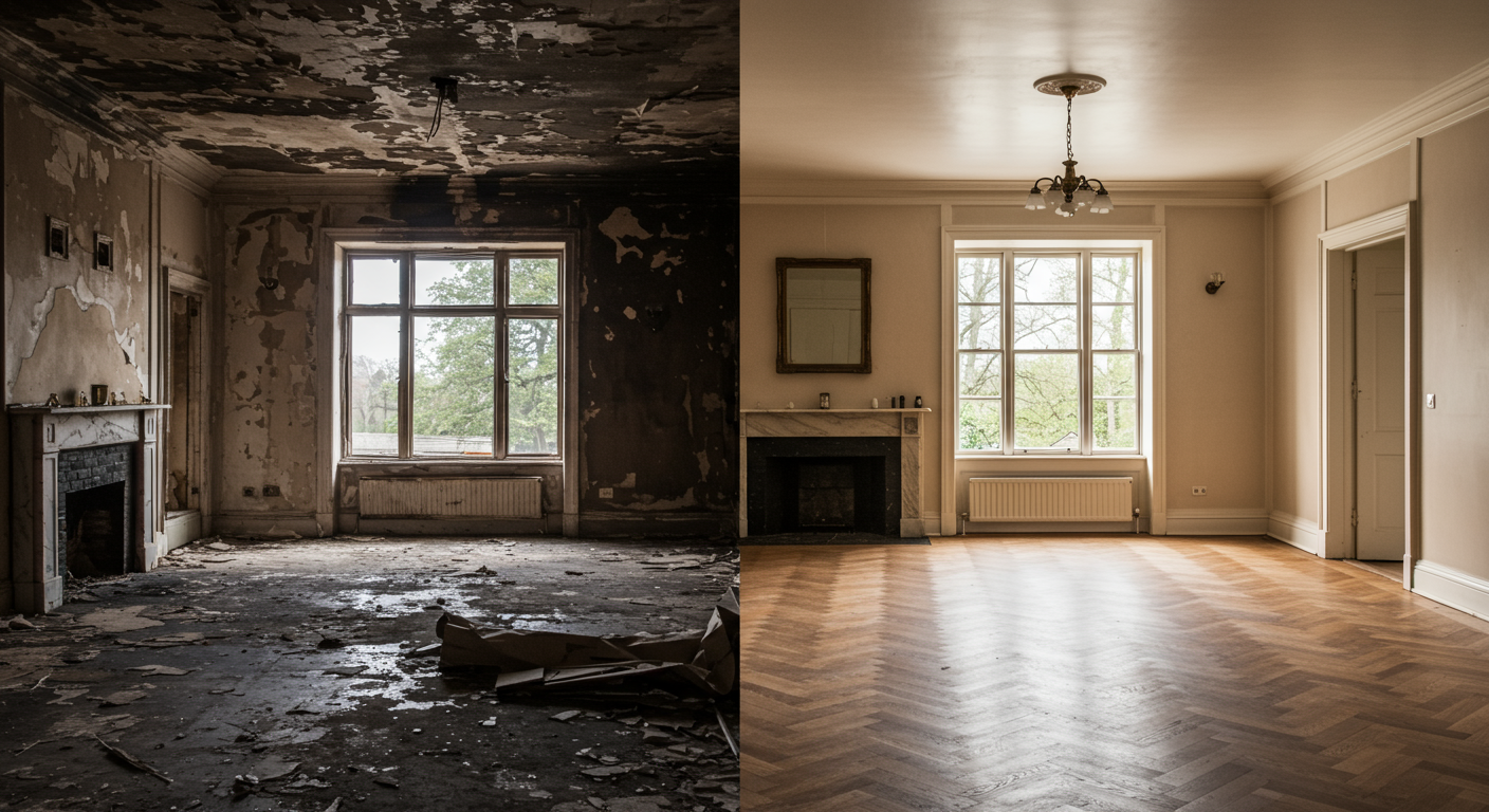 A split image showing a fire-damaged room on one side and the beautifully restored space on the other. This concept highlights the transformation and effectiveness of fire restoration services.