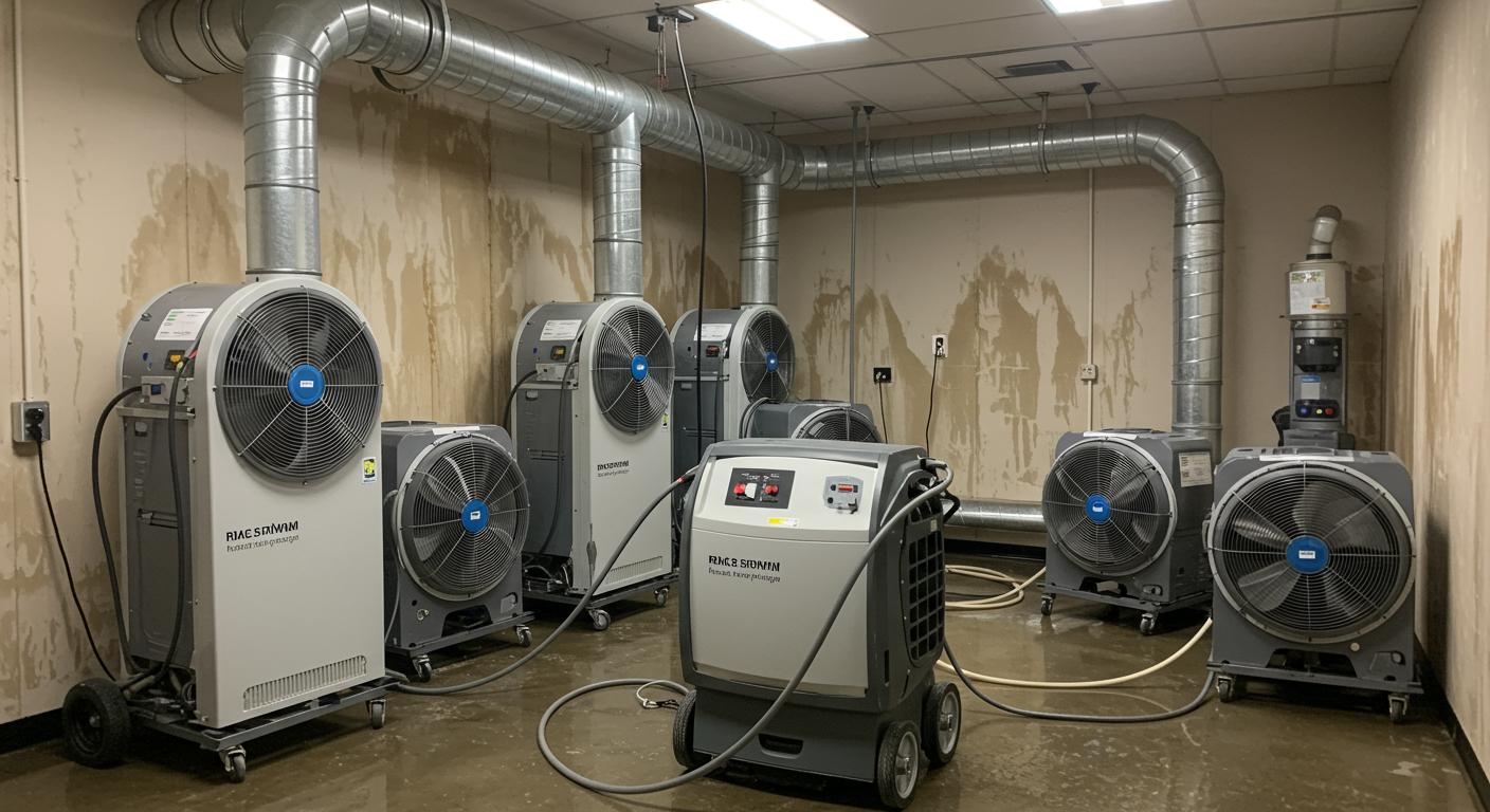 A room with industrial dehumidifiers and fans set up to dry wet surfaces, showcasing the drying process. The focus is on the equipment working effectively, with water stains visible on the walls.