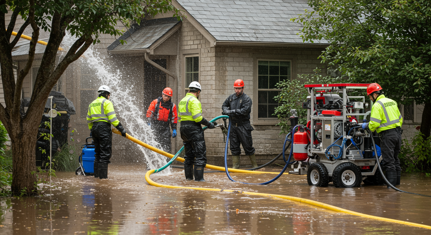 A team of professionals in safety gear working diligently to remove water from a flooded home. The scene captures the urgency of emergency flood restoration, with water extraction equipment in use.