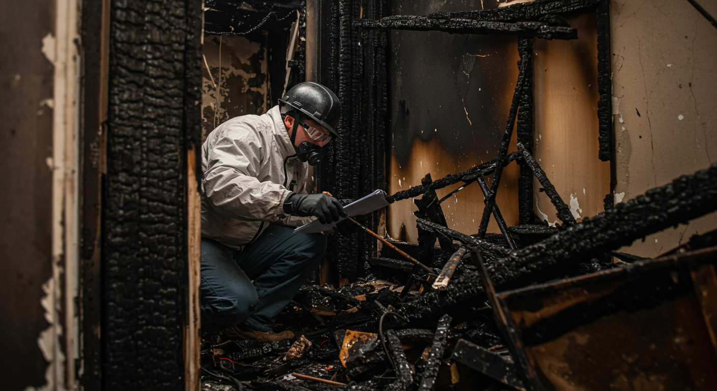 A close-up of a technician inspecting a charred wall and burnt furniture in a fire-damaged home. The focus is on the technician's careful assessment, emphasizing the seriousness of fire damage.