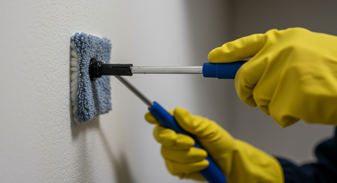 A close-up of mold remediation in progress, featuring a technician applying a mold treatment solution to a wall. The focus is on the action of cleaning and the tools used in the process.