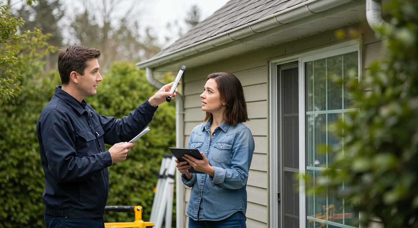 A homeowner inspecting their property with a technician, discussing preventive measures against water damage.