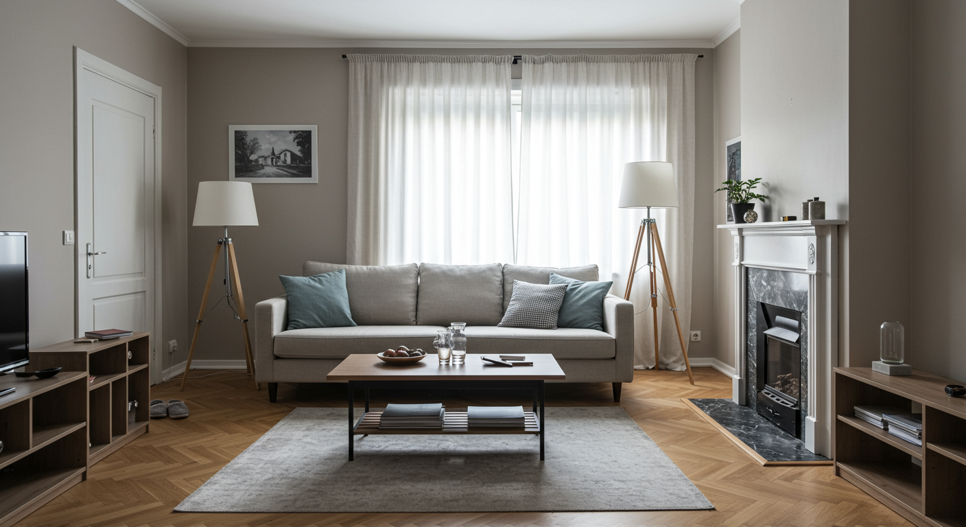 A beautifully restored living room that has undergone mildew remediation. The space is bright and inviting, showcasing fresh paint and clean surfaces, symbolizing a healthy home environment.