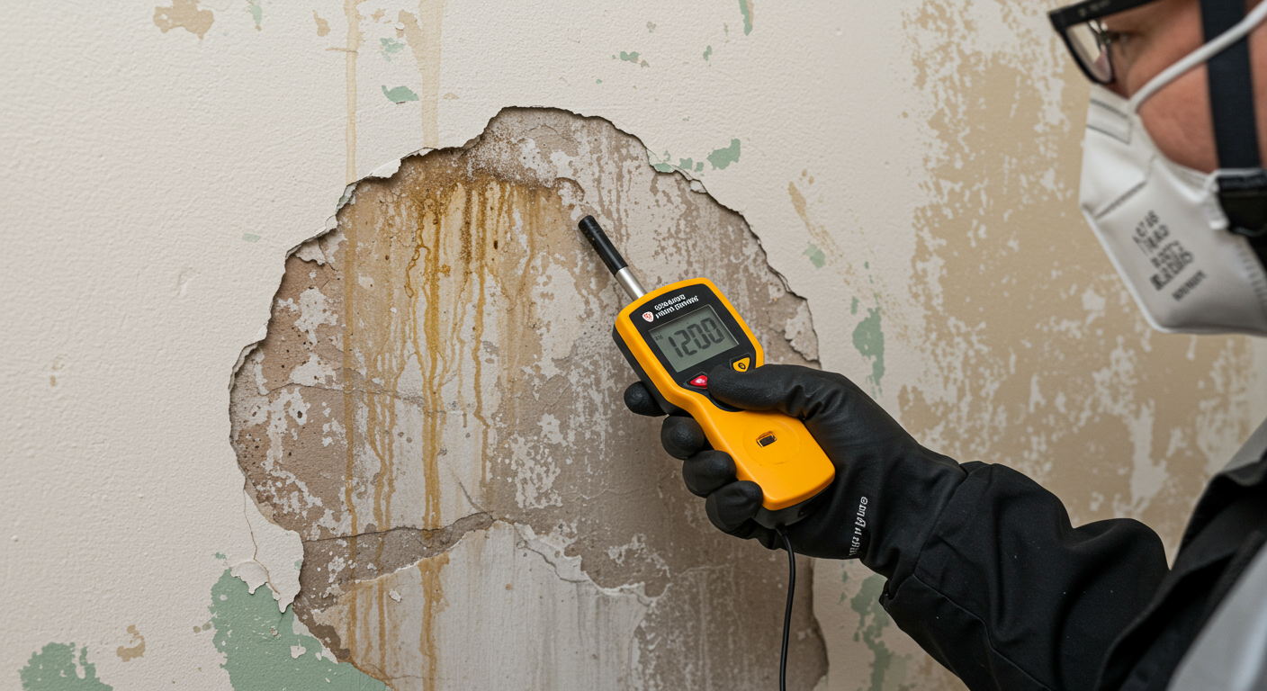 A close-up of a technician inspecting a water-damaged wall, with visible water stains and peeling paint. The technician is wearing protective gear and holding a moisture meter.