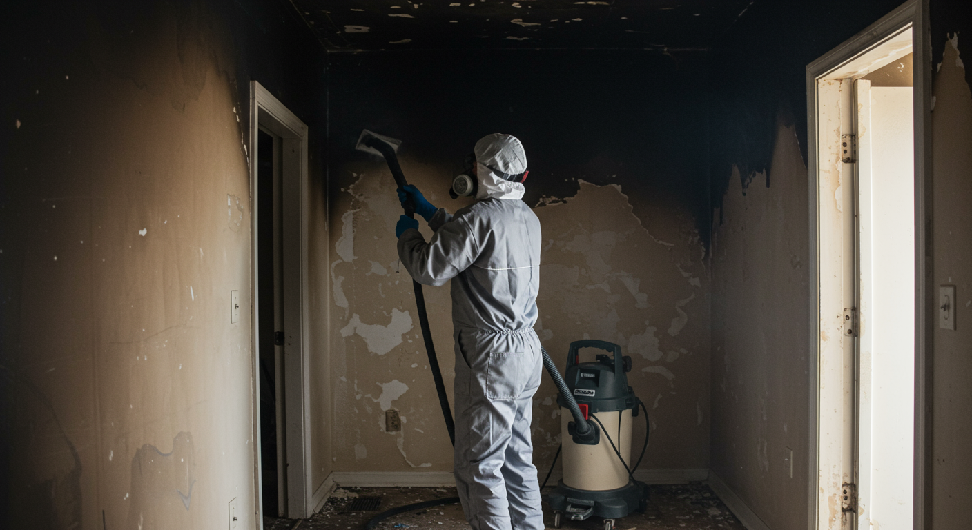 A professional technician in protective gear is using a specialized vacuum to clean soot from a wall in a home affected by smoke damage. The focus is on the technician's careful work, showcasing the restoration process.