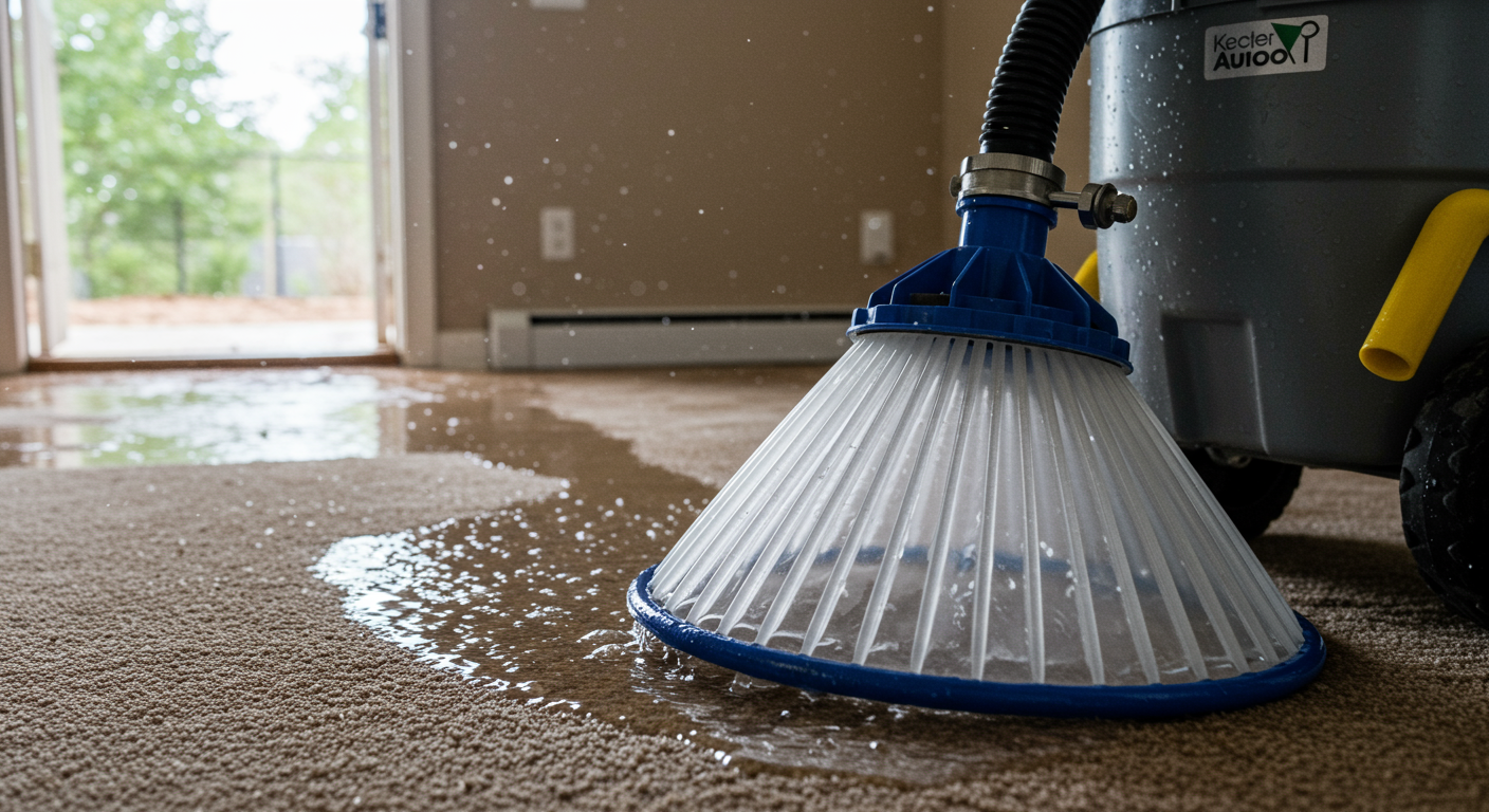 Close-up of a water extraction machine in use, with water being sucked from a carpeted area. The background shows a partially flooded room, emphasizing the restoration process.