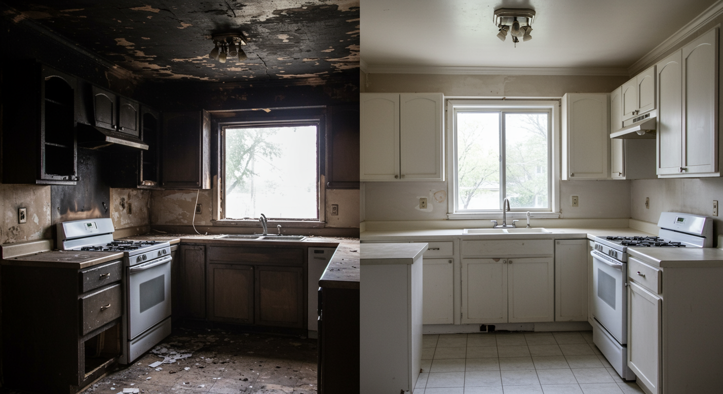 A split image showcasing a fire-damaged kitchen on one side (burnt cabinets, soot-covered walls) and the same kitchen fully restored on the other side (clean, fresh, and functional).