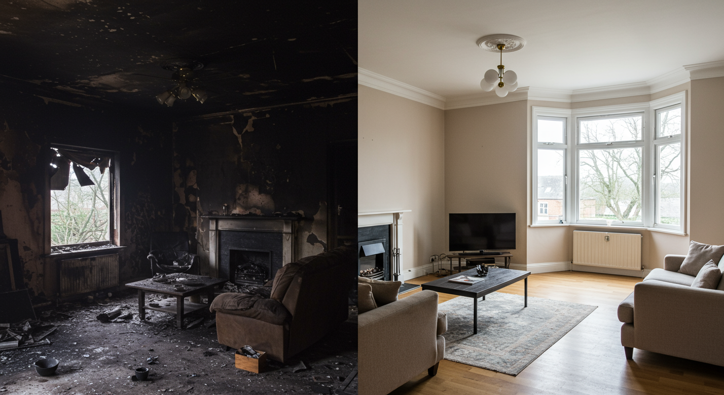 A split-screen image showing a fire-damaged living room on one side (soot-covered walls, burnt furniture) and the same room fully restored on the other side (clean, bright, and welcoming).