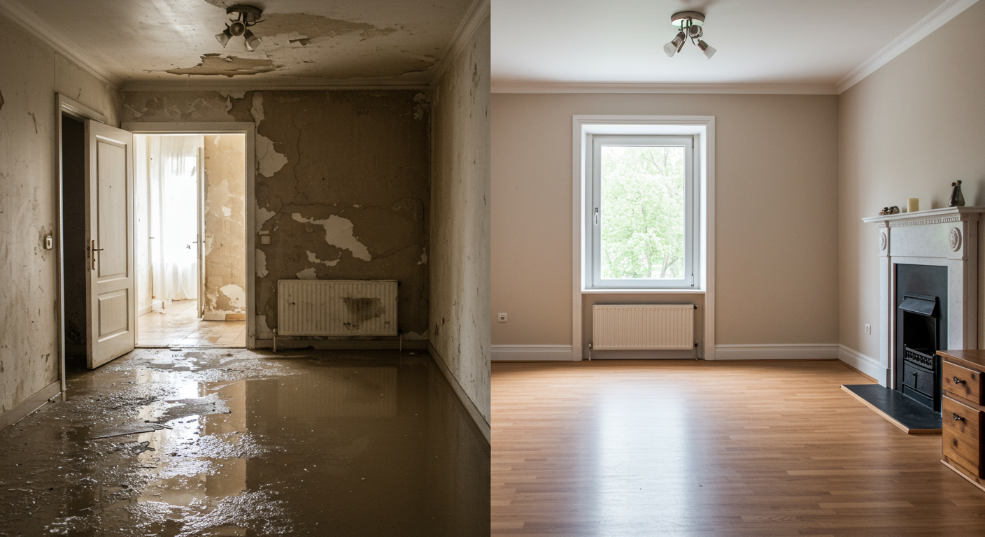 A split image showing a before-and-after scenario of a water-damaged room. The left side depicts a flooded area with visible damage, while the right side showcases the same room fully restored, clean, and inviting.