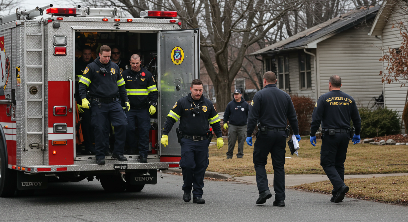 An emergency response team stepping out of a fire restoration truck at a residential neighborhood. The team looks prepared and ready to assist, with the fire-damaged house visible in the background.