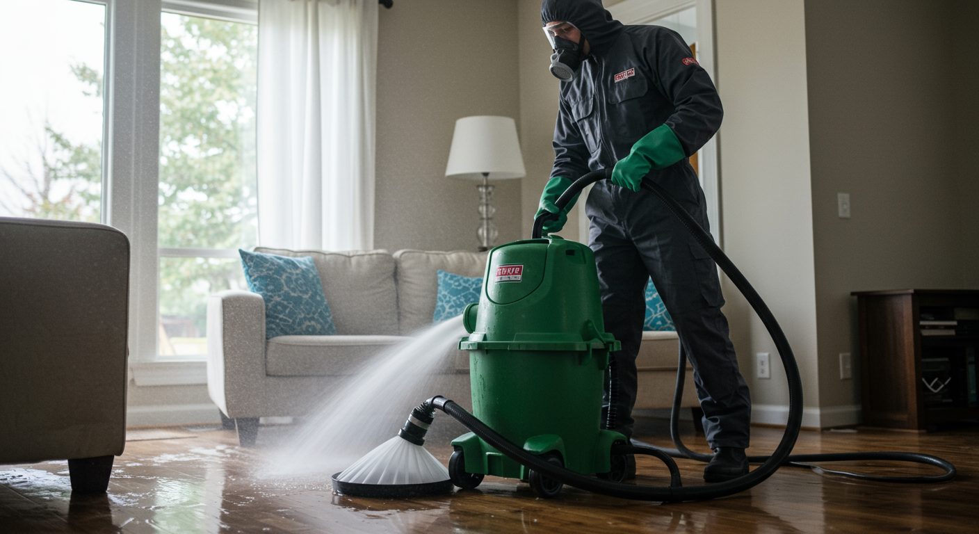 A technician in protective gear using a powerful water extraction machine in a flooded living room.