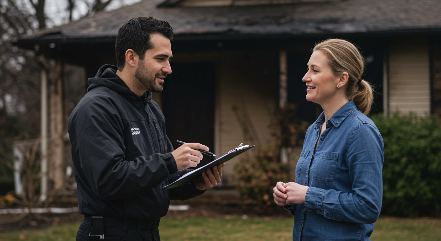 A friendly interaction between a restoration expert and a homeowner in front of a fire-damaged property. The expert is holding a clipboard, explaining the cleanup process, while the homeowner looks reassured and hopeful.