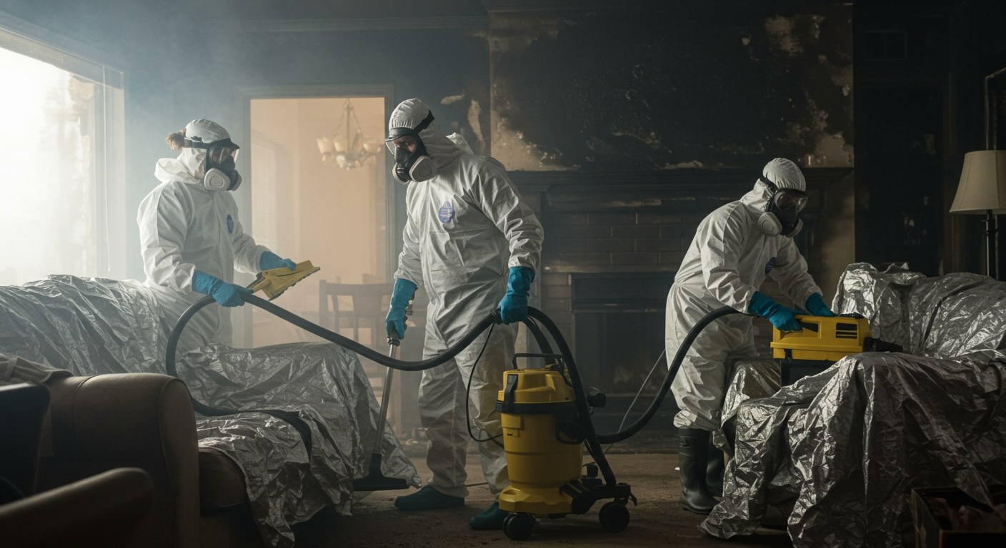 A team of professional cleanup technicians wearing protective gear, using specialized equipment to clean soot and smoke damage in a home.