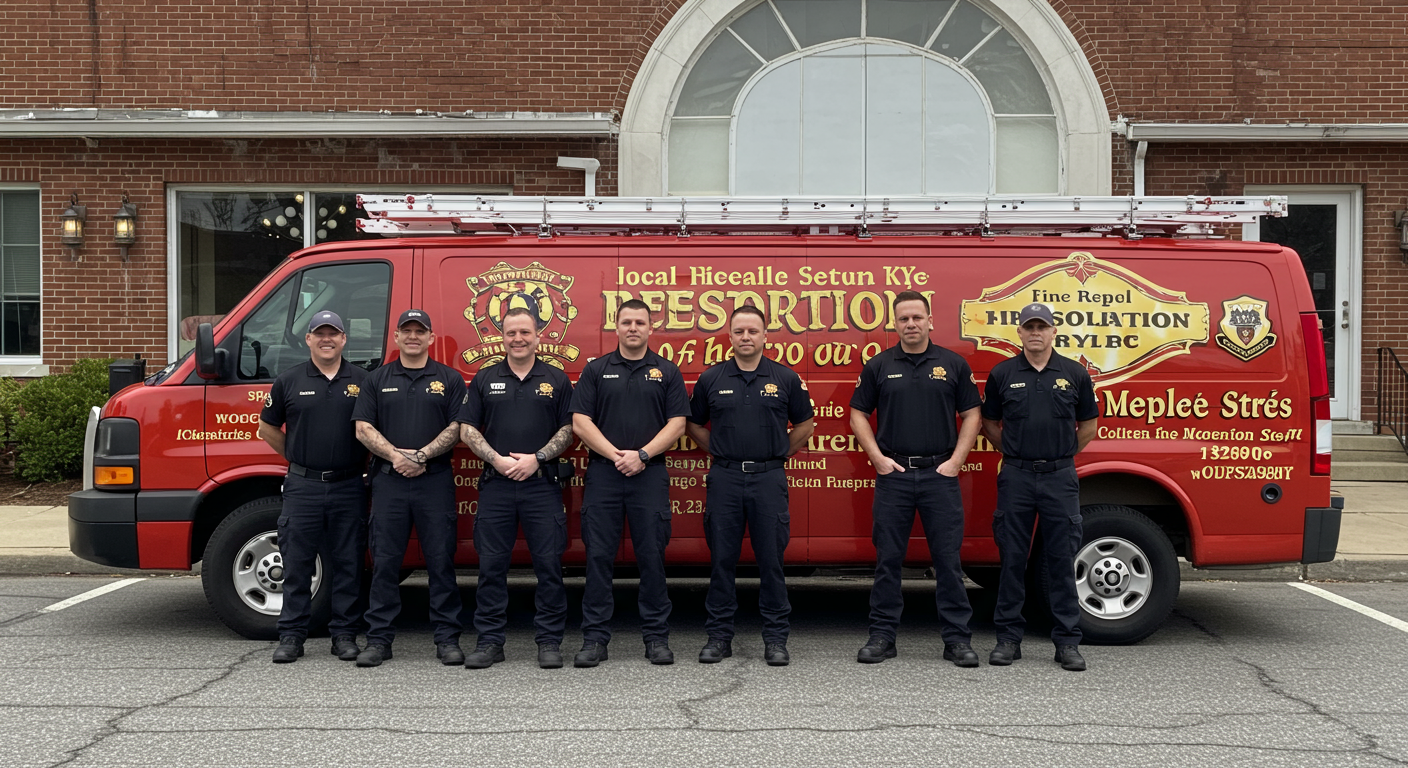 Fire-Damaged Home with Restoration Team at Work