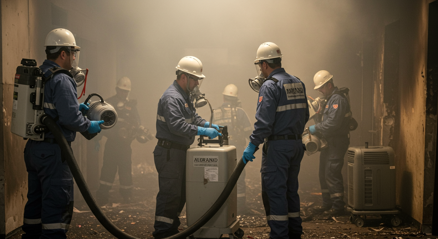 A team of uniformed professionals wearing safety gear, using advanced equipment like air scrubbers and dehumidifiers. The setting is an indoor space with visible smoke stains being cleaned and repaired.