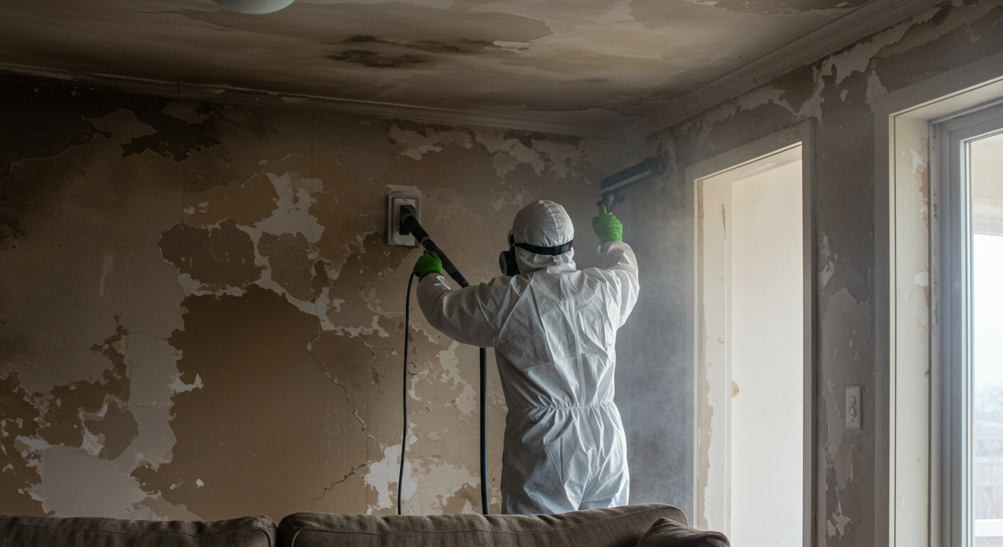 A professional restoration technician in protective gear actively cleaning smoke-damaged walls in a residential living room.