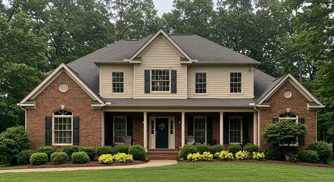 A beautifully restored home exterior in Nicholasville, KY, after fire damage. The image showcases a clean, smoke-free facade with vibrant landscaping, emphasizing the transformation and the company’s expertise in property restoration.