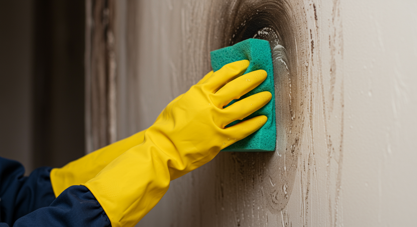 A close-up of a professional cleaning soot-covered walls with a sponge and cleaning solution. The image focuses on the hands of the worker and the cleaning process, with the background showing a partially cleaned wall to demonstrate progress.