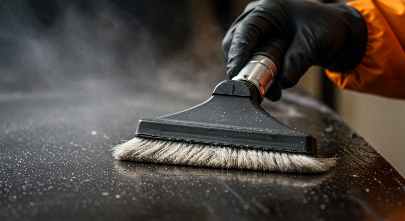 A close-up of a professional using specialized equipment to remove soot from a fire-damaged surface. The focus is on the cleaning tool and the soot being wiped away.
