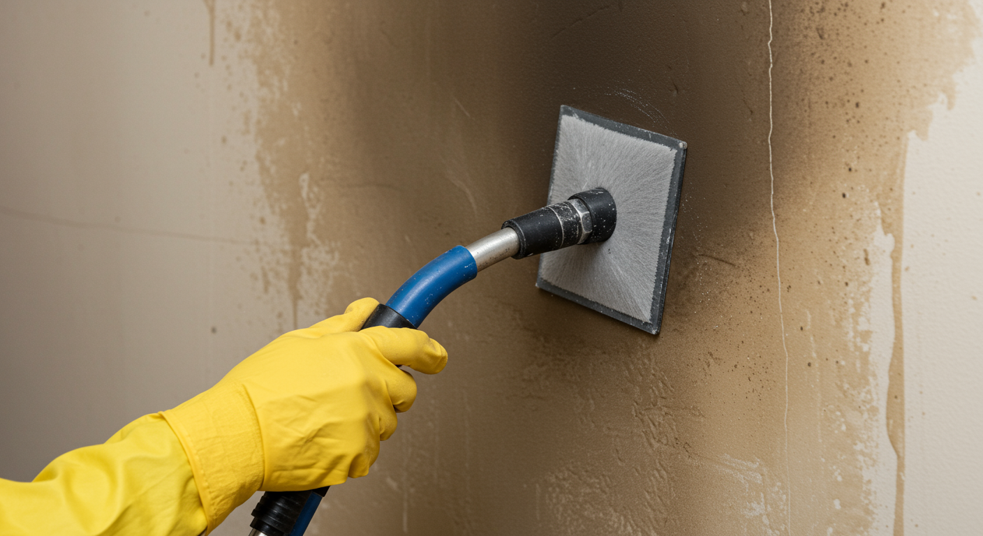 A close-up of a restoration expert using specialized equipment to remove soot from a wall. The wall shows a clear contrast between the cleaned and uncleaned areas, emphasizing the effectiveness of the process.