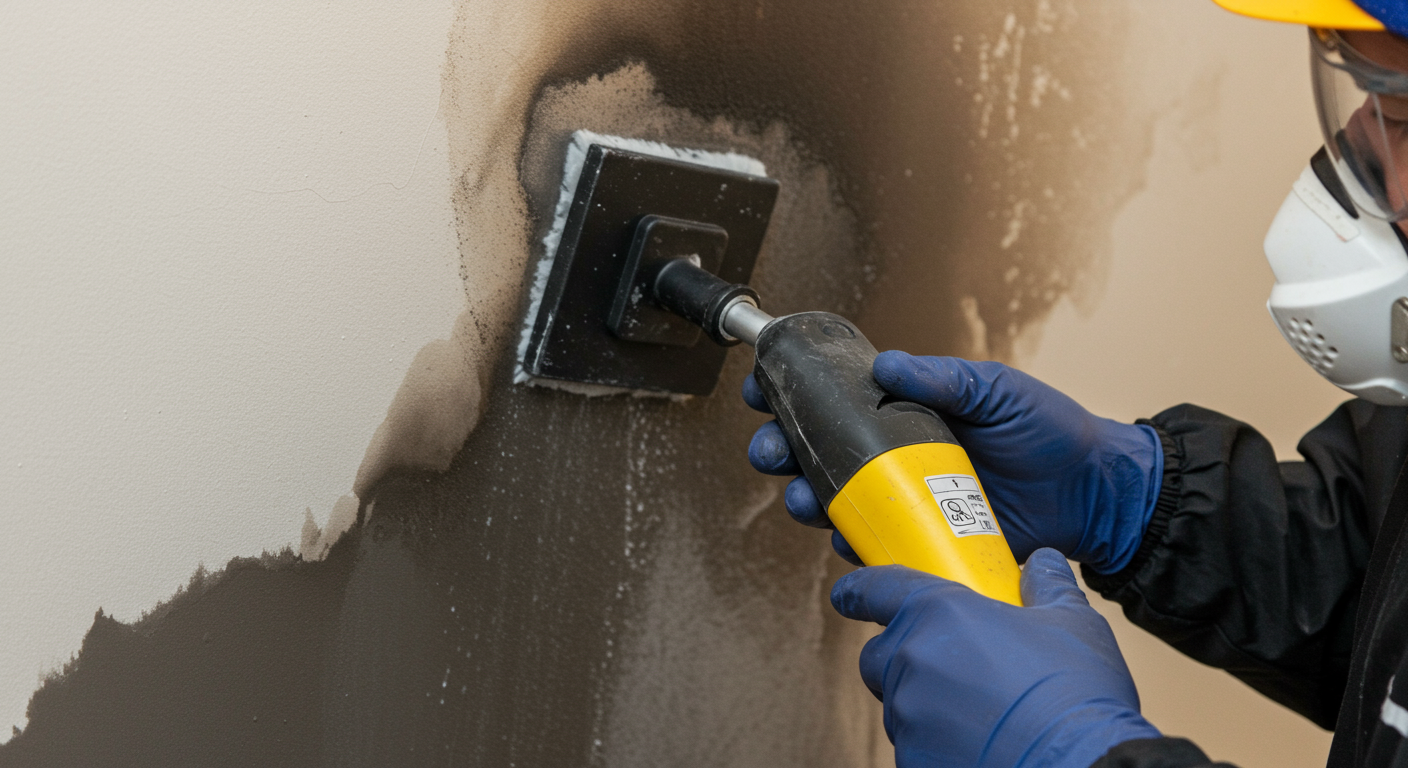 A close-up of a technician using advanced tools to remove smoke stains and soot from a wall. The background subtly shows a partially cleaned area, highlighting the effectiveness of the process.