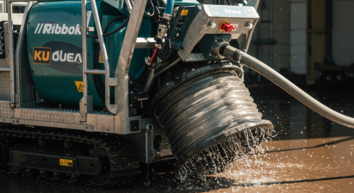 A close-up of high-tech water extraction equipment being used in a flooded area. The focus is on the machinery, showcasing the professionalism and advanced technology employed in the cleanup process.