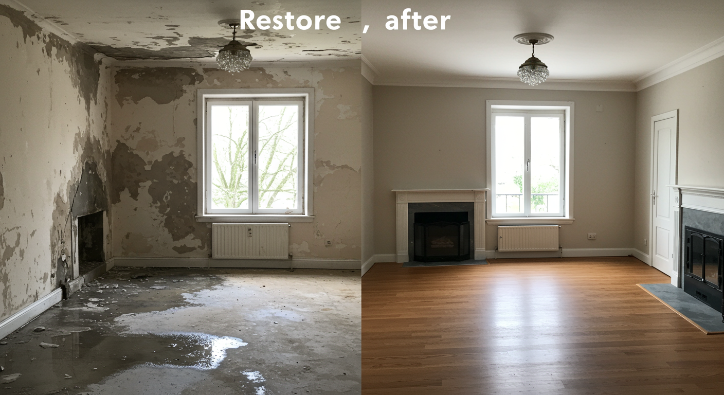 A split image showing a before-and-after comparison of a water-damaged room transformed into a restored space, highlighting the effectiveness of the service.